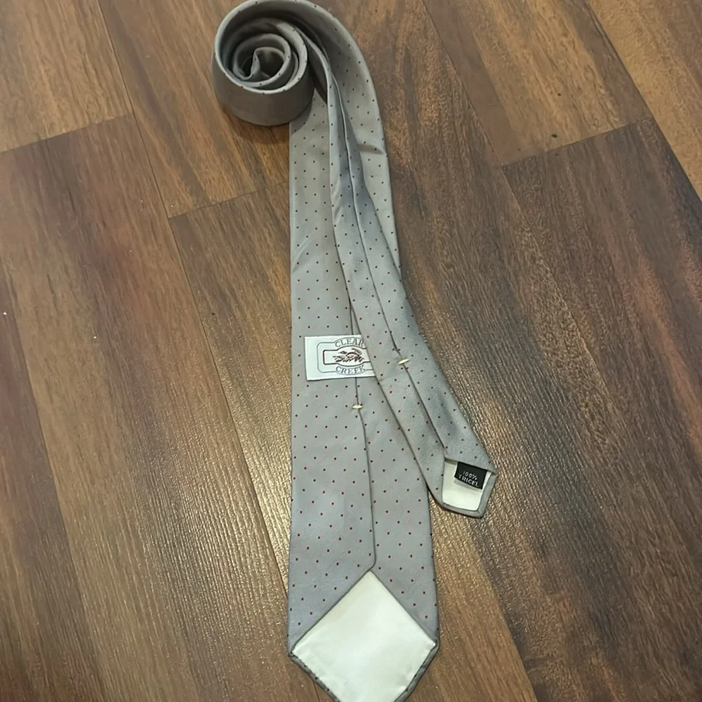 Clear Creek 100% Tricel Tie, Gray with Red Polka Dots